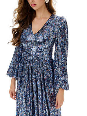 Floral Sequin Pleated Evening Dress