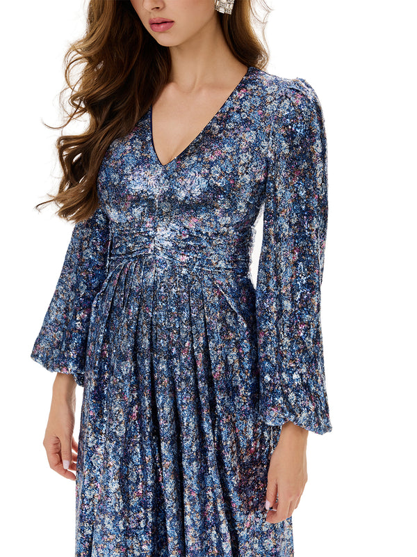 Floral Sequin Pleated Evening Dress