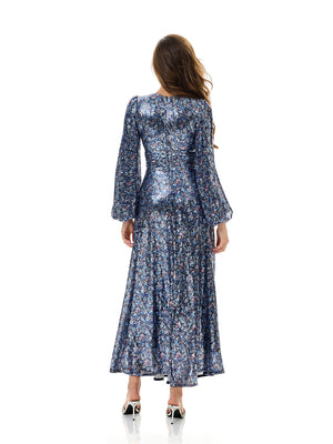 Floral Sequin Pleated Evening Dress