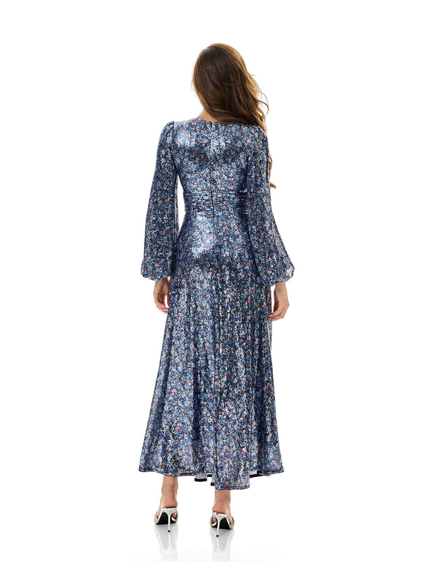 Floral Sequin Pleated Evening Dress