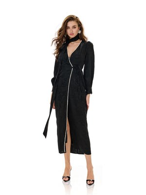 Plunging V-neck Pearl Detailing Midi Dress