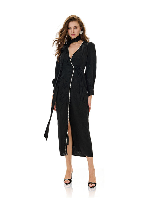 Plunging V-neck Pearl Detailing Midi Dress