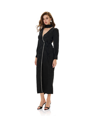 Plunging V-neck Pearl Detailing Midi Dress