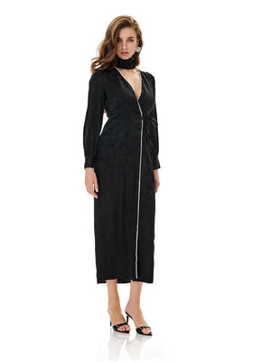 Plunging V-neck Pearl Detailing Midi Dress