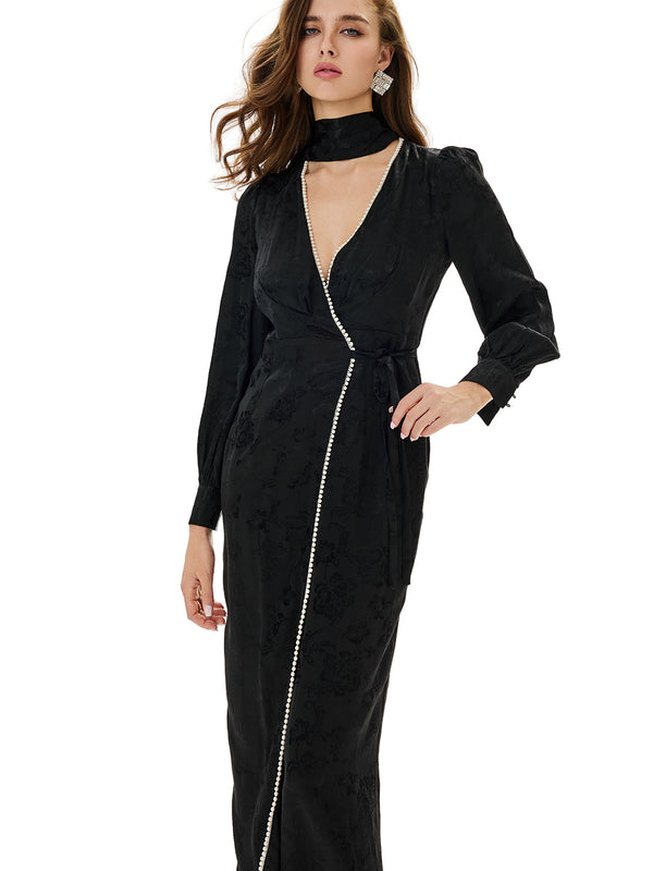 Plunging V-neck Pearl Detailing Midi Dress