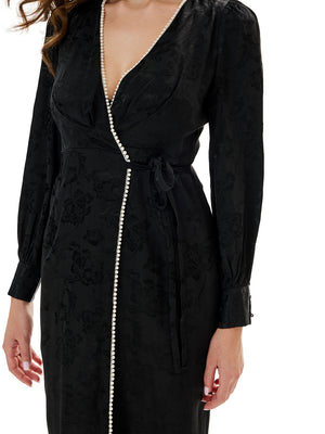 Plunging V-neck Pearl Detailing Midi Dress