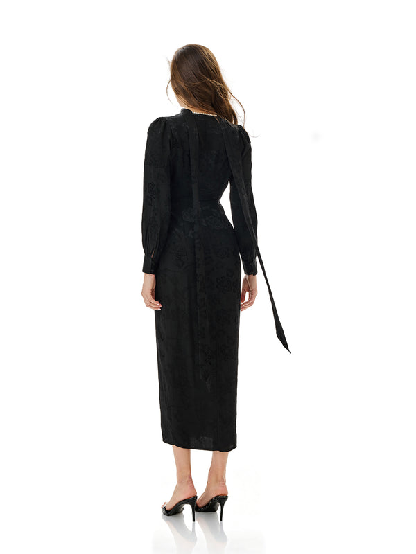 Plunging V-neck Pearl Detailing Midi Dress