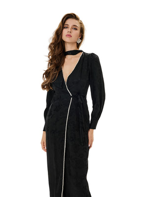 Plunging V-neck Pearl Detailing Midi Dress