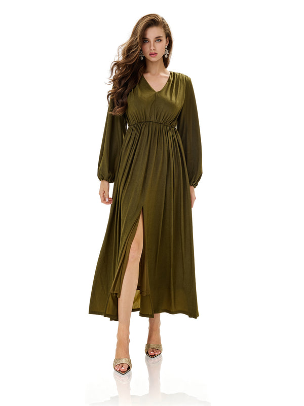 Ruched Lantern Sleeves Slit Party Dress