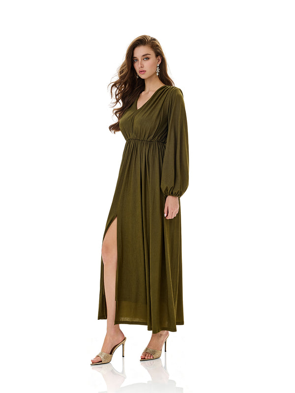 Ruched Lantern Sleeves Slit Party Dress