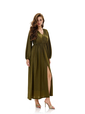 Ruched Lantern Sleeves Slit Party Dress