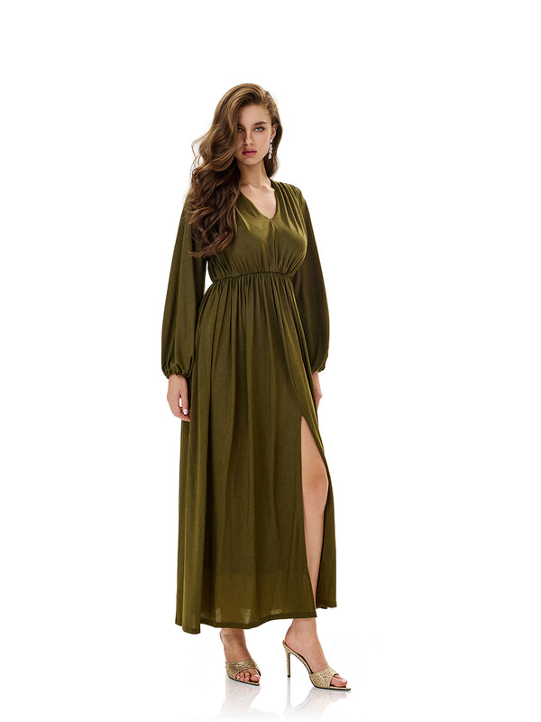 Ruched Lantern Sleeves Slit Party Dress