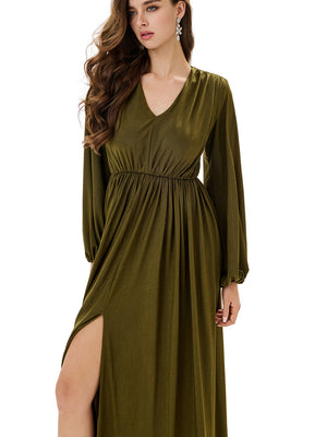Ruched Lantern Sleeves Slit Party Dress