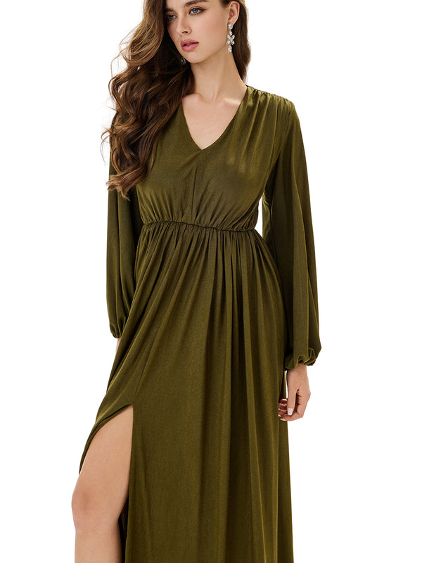 Ruched Lantern Sleeves Slit Party Dress