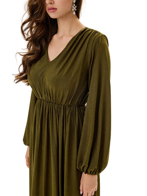 Ruched Lantern Sleeves Slit Party Dress