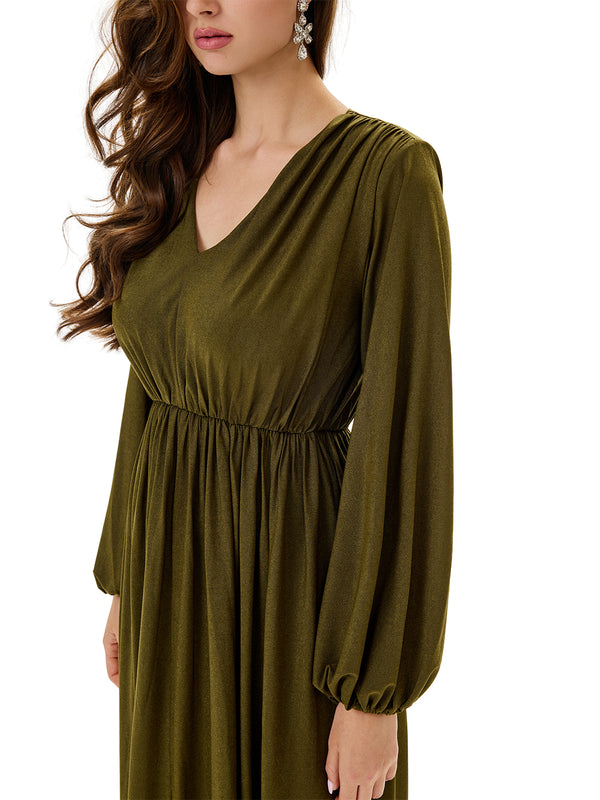 Ruched Lantern Sleeves Slit Party Dress