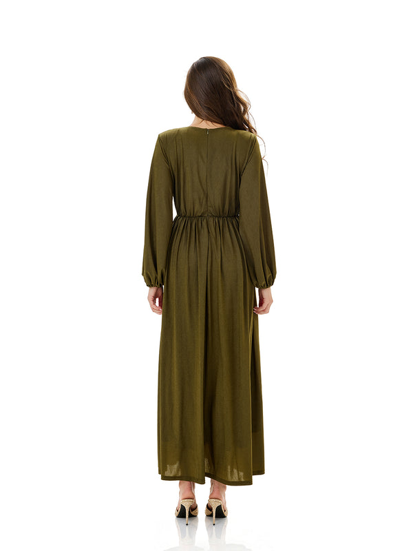 Ruched Lantern Sleeves Slit Party Dress