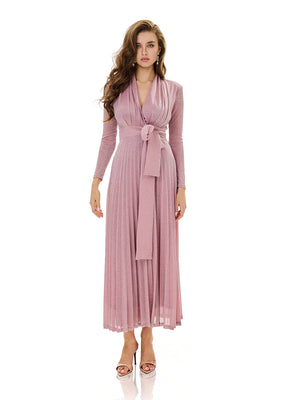 Metallic Knit Wrap Pleated Maxi Dress
