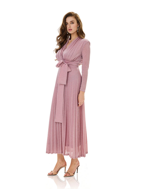 Metallic Knit Wrap Pleated Maxi Dress