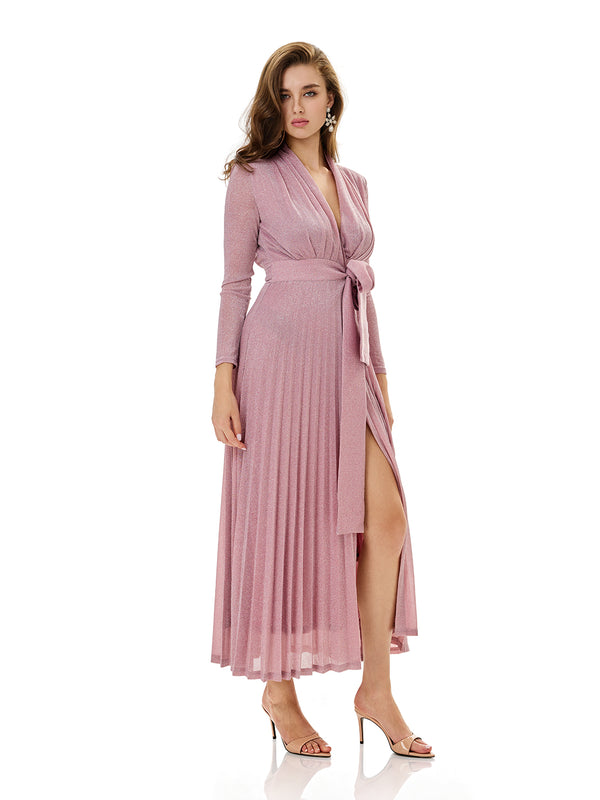 Metallic Knit Wrap Pleated Maxi Dress