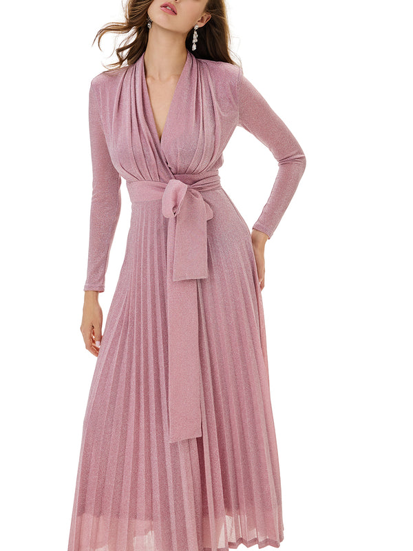 Metallic Knit Wrap Pleated Maxi Dress