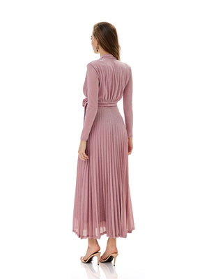 Metallic Knit Wrap Pleated Maxi Dress