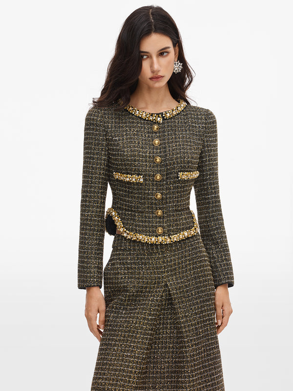 Glitter Single Breasted Tweed Jacket & Skirt Sets