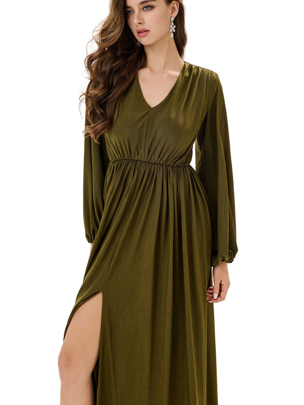 Ruched Lantern Sleeve Slit Party Dress