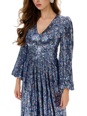 Floral Sequin Pleated Evening Dress