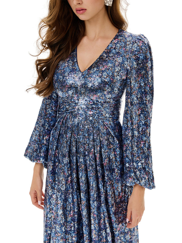 Floral Sequin Pleated Evening Dress