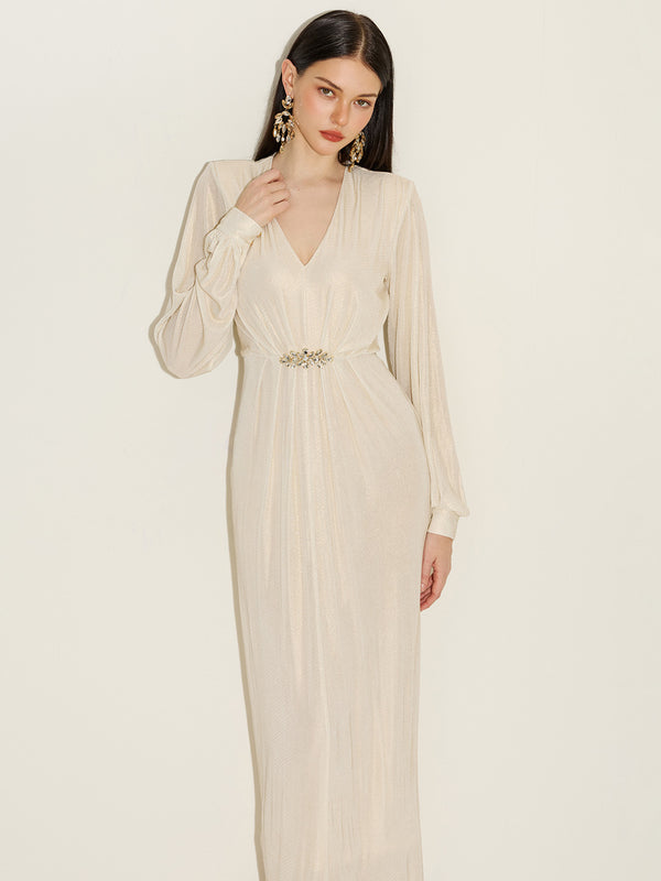 Glitter Ruched Detail Gown With Brooch