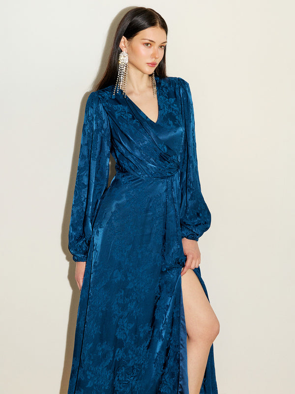 Jacquard Long Sleeve Slit Gown