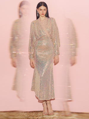 Batwing Sleeves Sequin Mermaid Evening Gown
