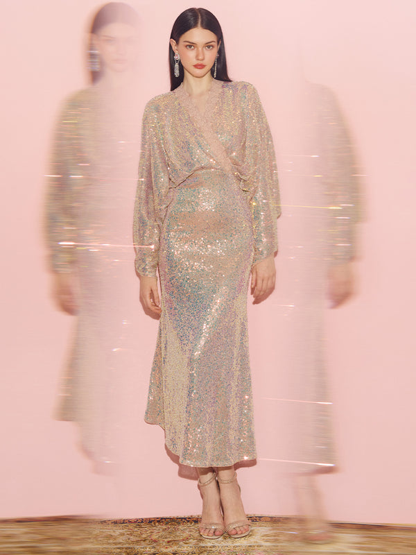 Batwing Sleeves Sequin Mermaid Evening Gown