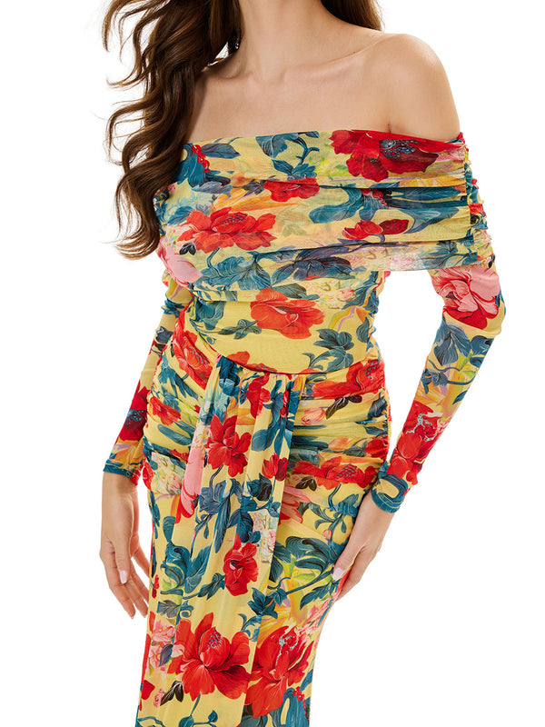 Floral Print Off Shoulder Top & Skirt Sets