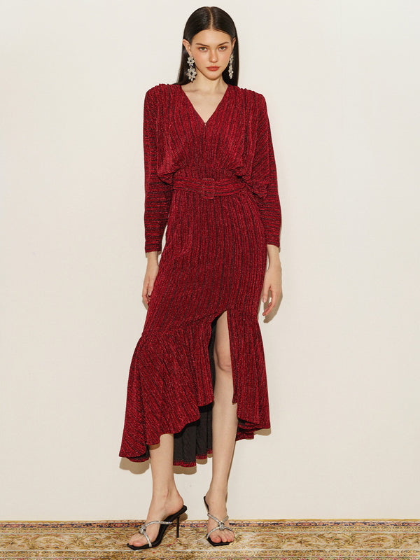 Glitter Batwing Sleeve Ruffles Hem Gown
