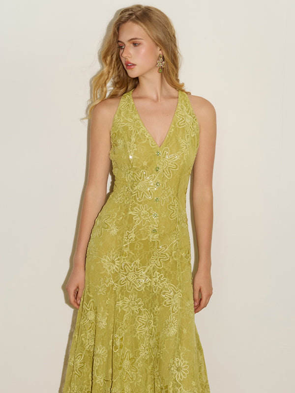 Sleeveless Embroidered Lace Midi Dress