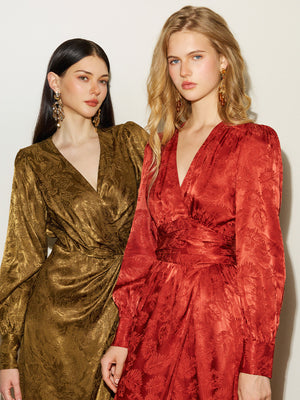 Satin Jacquard Slit Wrap Dress
