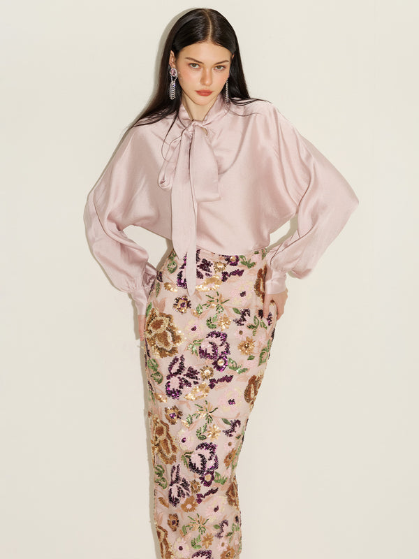 Knot Neck Top & Bead Embroidered Skirt Sets