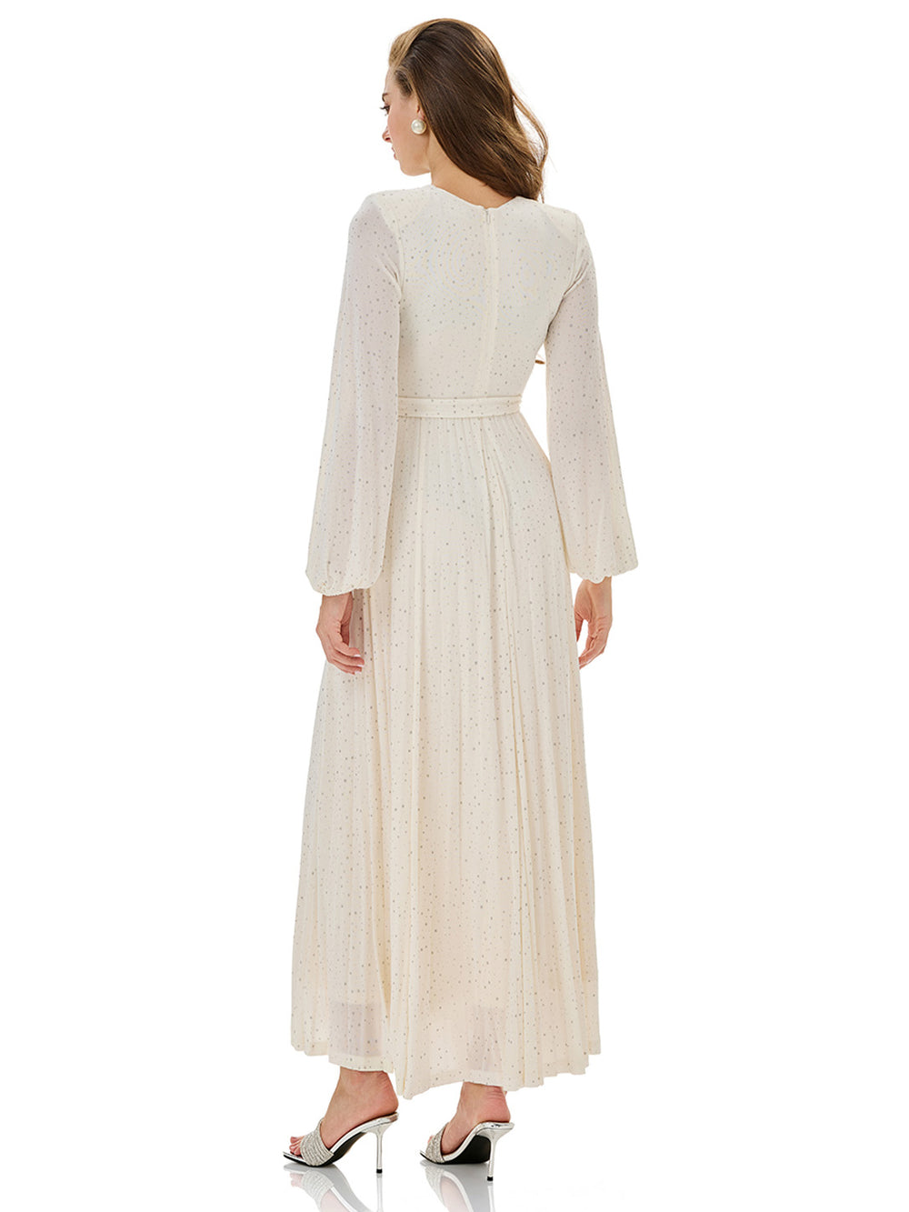 Glitter Pleated Belt Maxi Dress