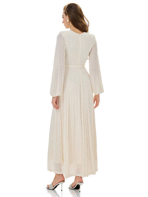 Glitter Pleated Belt Maxi Dress
