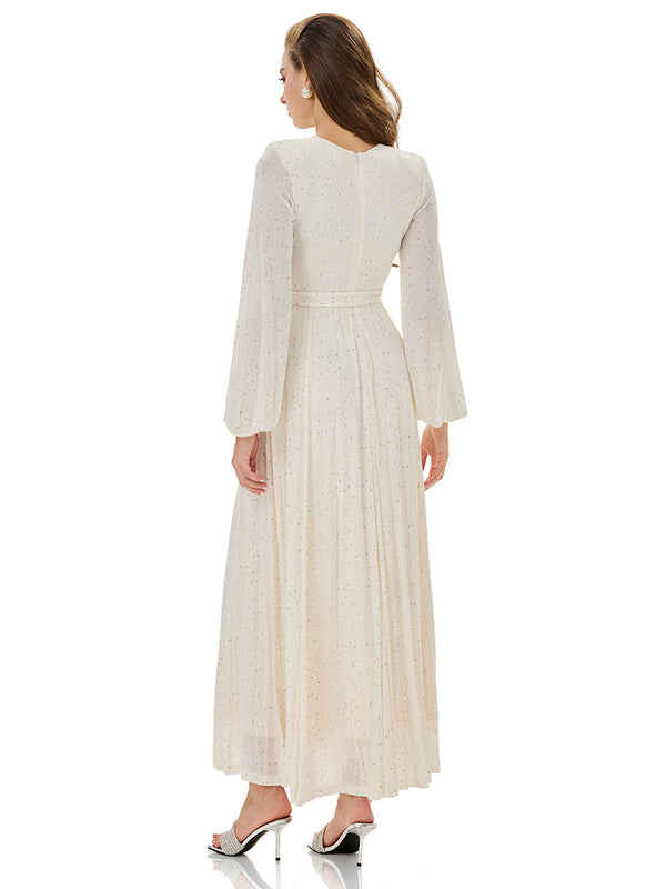 Glitter Pleated Belt Maxi Dress
