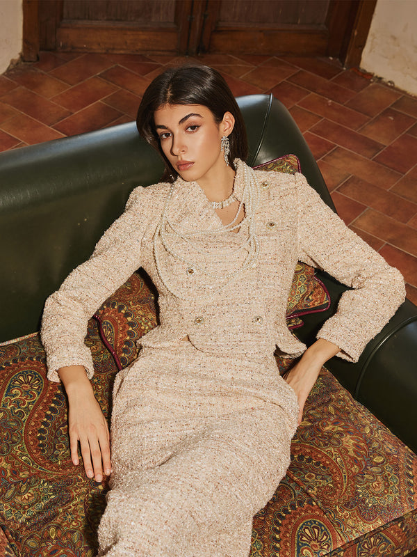 Duoble Breated Tweed Jacket & Skirt Sets