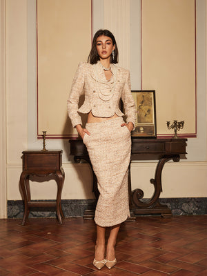 Duoble Breated Tweed Jacket & Skirt Sets