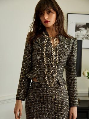 Duoble Breated Tweed Jacket & Skirt Sets