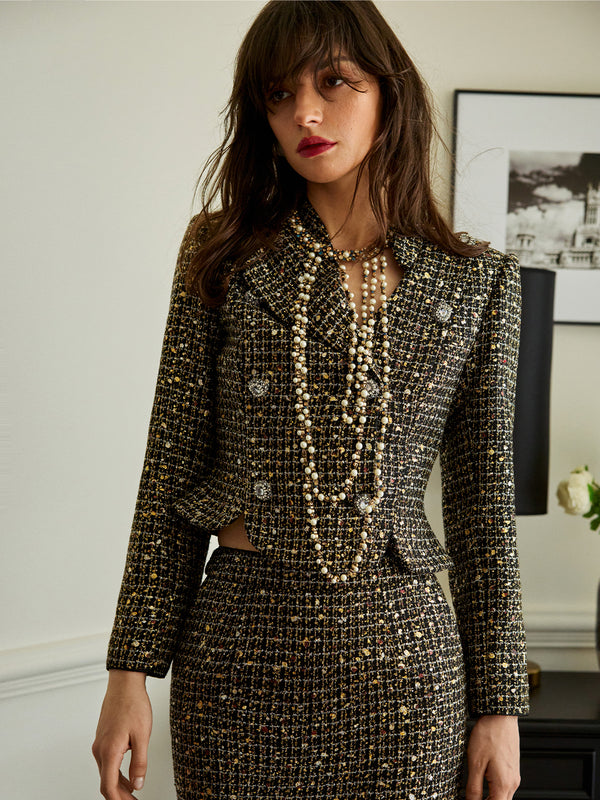 Duoble Breated Tweed Jacket & Skirt Sets