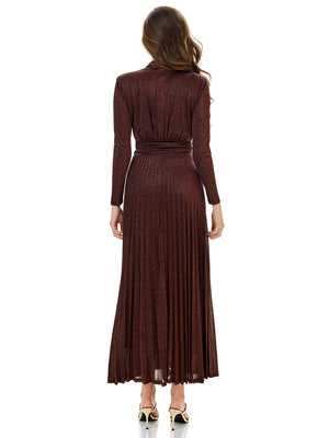 Metallic Knit Wrap Pleated Maxi Dress