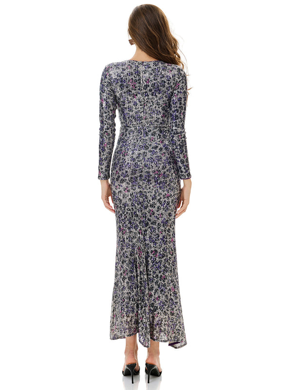 Leopard Print Sequin Wrap Party Dress