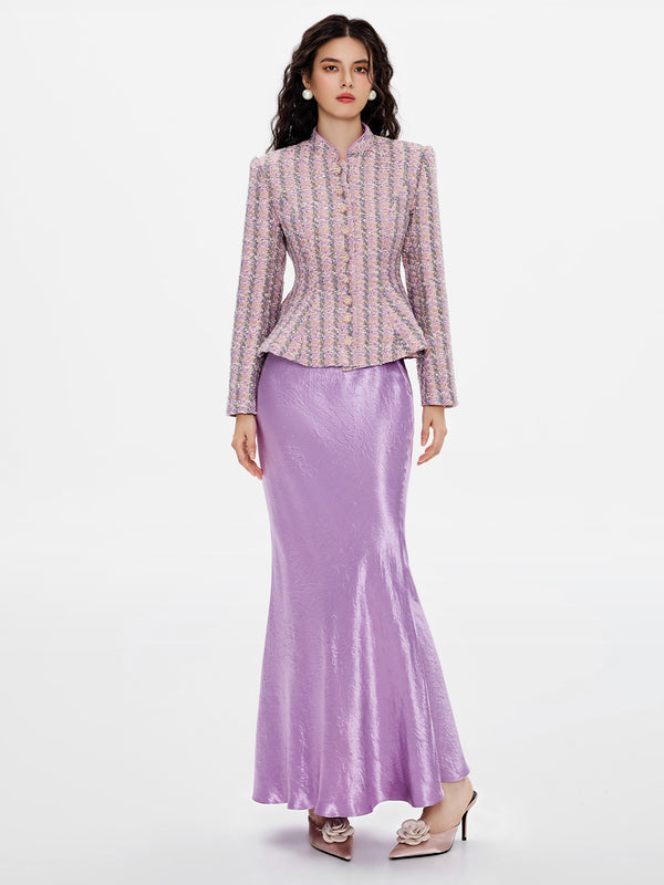 Peplum Hem Tweed Jacket & Satin Skirt Sets