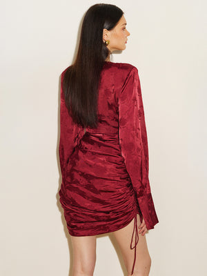 Jacquard Satin Drawstring Ruched Mini Dress